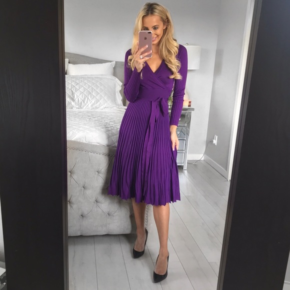Little Pearls of Life Dresses & Skirts - Elegant Pleated Midi Purple Sweater Style Dress